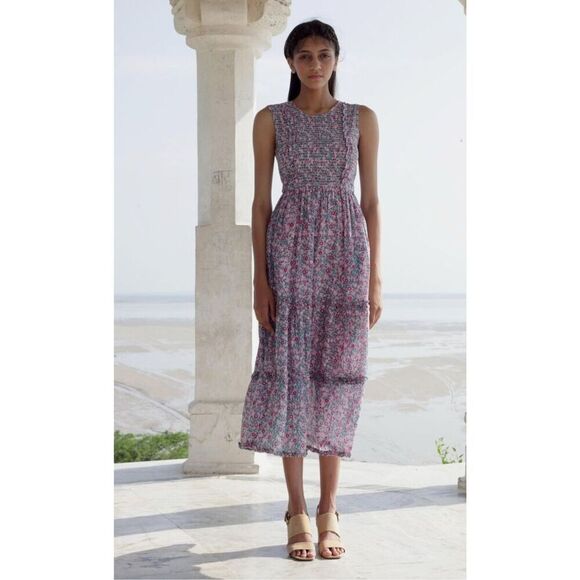 Banjanan Isha Maxi Dress Smocked Tiered Ruffle Scatter Floral Wild Rose size XS - Picture 1 of 10